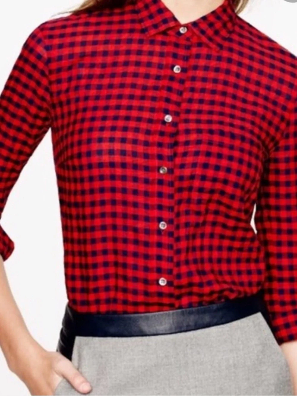J.Crew Crinkle Boy Shirt in Red Check Plaid Gingham Lightweight - Size 6